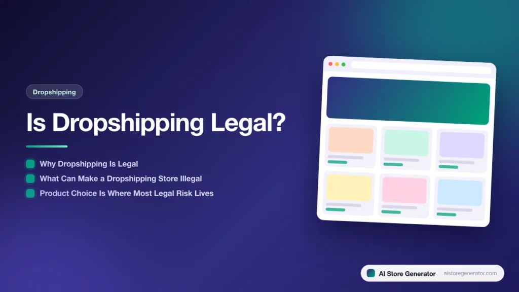 Title card for “Is Dropshipping Legal?”, listing Why Dropshipping Is Legal, What Can Make a Dropshipping Store Illegal, Product Choice Is Where Most Legal Risk Lives, beside a sketch of a store.