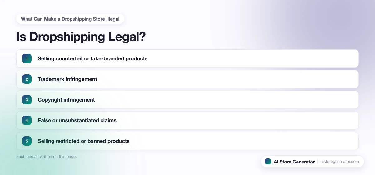 The 5 points this page lists under “What Can Make a Dropshipping Store Illegal”, numbered in order.