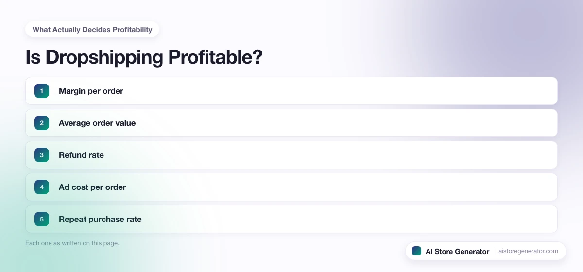 The 5 points this page lists under “What Actually Decides Profitability”, numbered in order.