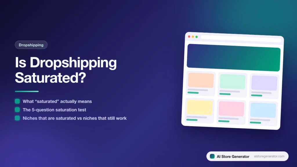 Title card for “Is Dropshipping Saturated?”, listing What “saturated” actually means, The 5-question saturation test, Niches that are saturated vs niches that still work, beside a sketch of a store.