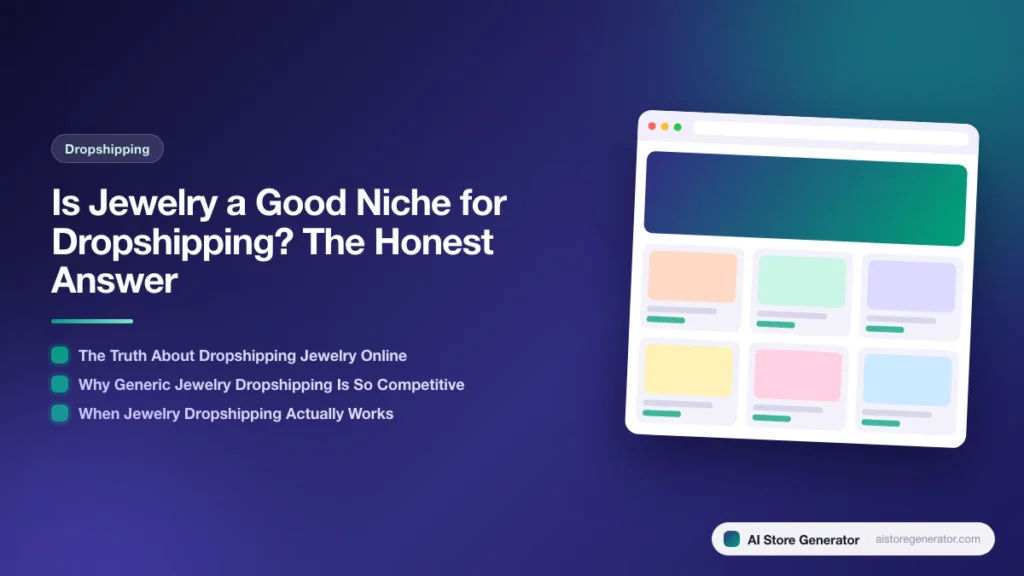 Title card for “Is Jewelry a Good Niche for Dropshipping? The Honest Answer”, listing The Truth About Dropshipping Jewelry Online, Why Generic Jewelry Dropshipping Is So Competitive, When Jewelry Dropshipping Actually Works, beside a sketch of a store.