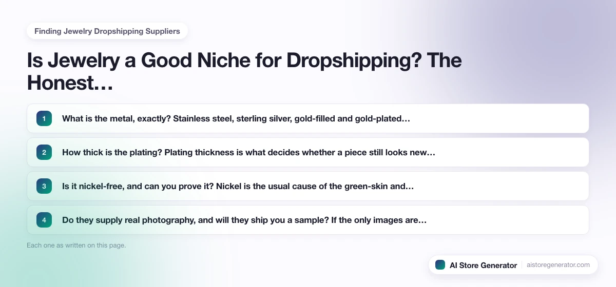 The 4 points this page lists under “Finding Jewelry Dropshipping Suppliers”, numbered in order.
