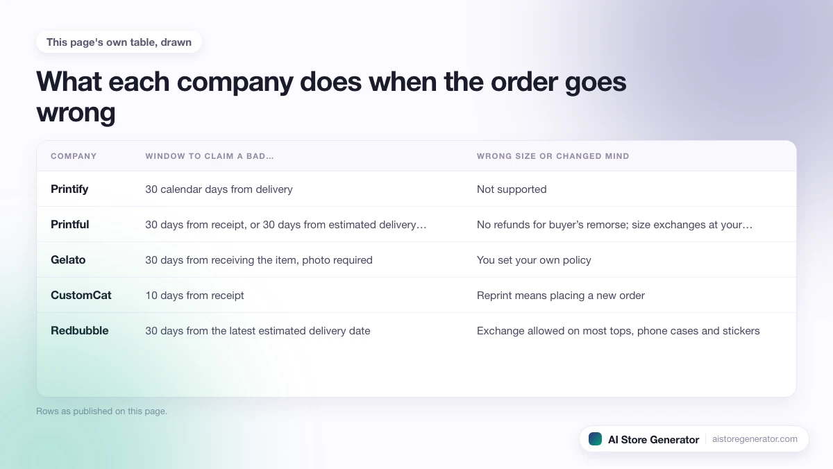 5 rows from this page's own comparison, each with its window to claim a bad… and wrong size or changed mind.