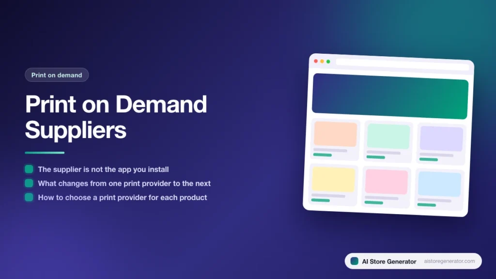 Title card for “Print on Demand Suppliers”, listing The supplier is not the app you install, What changes from one print provider to the next, How to choose a print provider for each product, beside a sketch of a store.