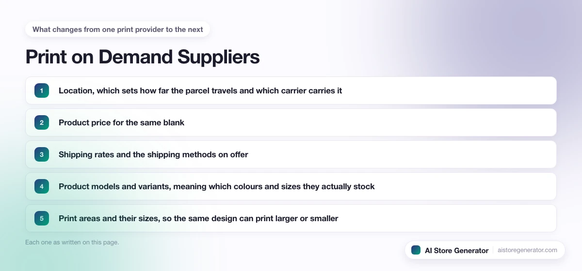 The 5 points this page lists under “What changes from one print provider to the next”, numbered in order.