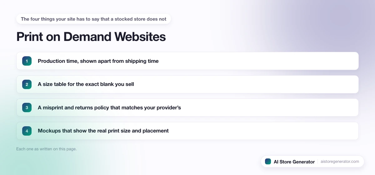 The 4 points this page lists under “The four things your site has to say that a stocked store does not”, numbered in order.