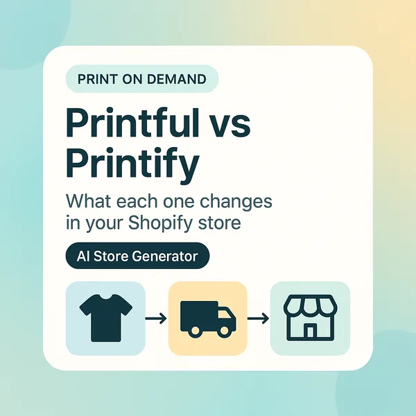 Printful vs Printify comparison card showing a t-shirt, a delivery truck and a storefront, for what each print on demand app changes in your Shopify store