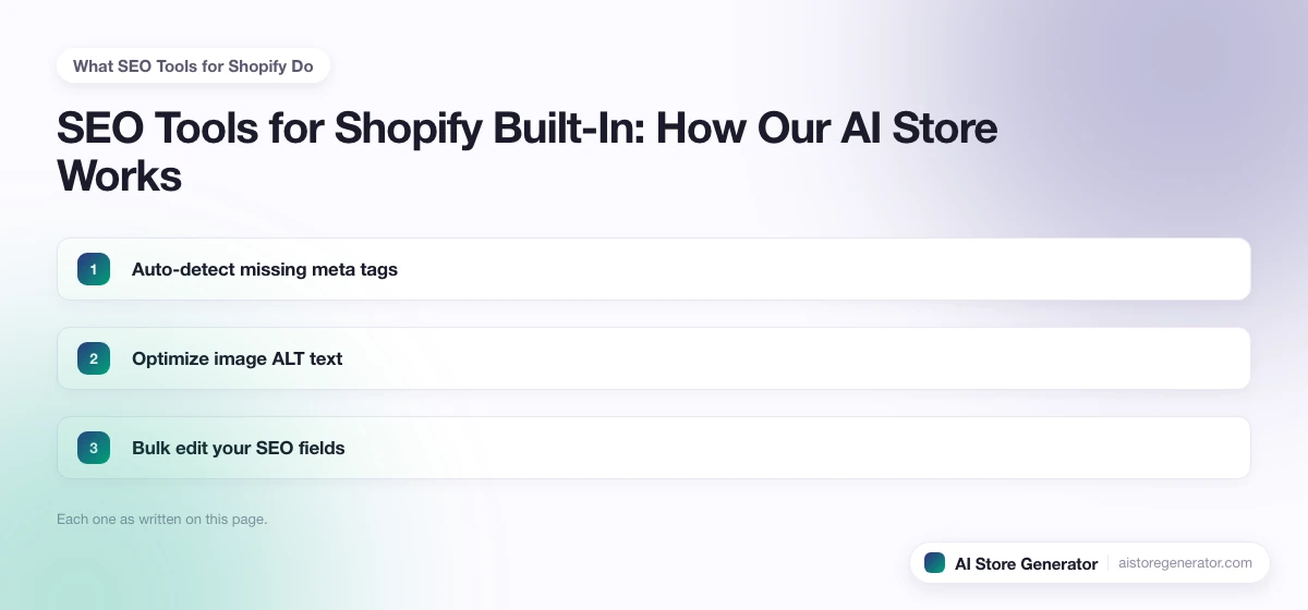 The 3 points this page lists under “What SEO Tools for Shopify Do”, numbered in order.