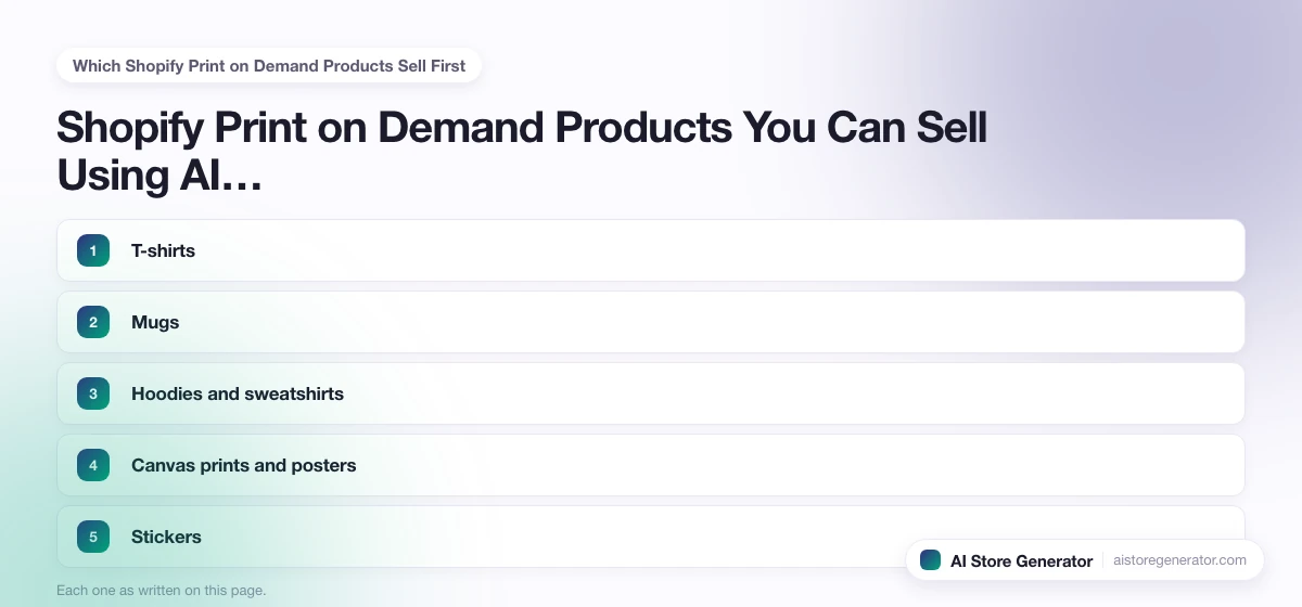 The 5 points this page lists under “Which Shopify Print on Demand Products Sell First”, numbered in order.