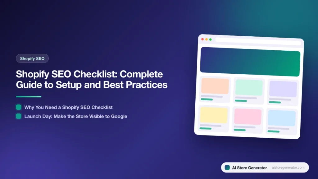 Title card for “Shopify SEO Checklist: Complete Guide to Setup and Best Practices”, listing Why You Need a Shopify SEO Checklist, Launch Day: Make the Store Visible to Google, beside a sketch of a store.