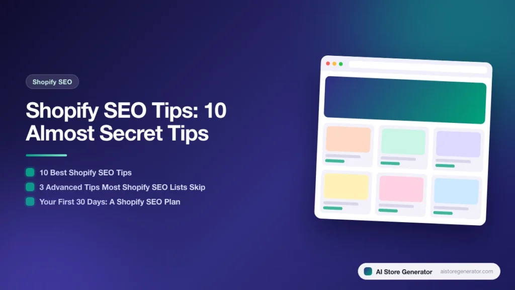 Title card for “Shopify SEO Tips: 10 Almost Secret Tips”, listing 10 Best Shopify SEO Tips, 3 Advanced Tips Most Shopify SEO Lists Skip, Your First 30 Days: A Shopify SEO Plan, beside a sketch of a store.