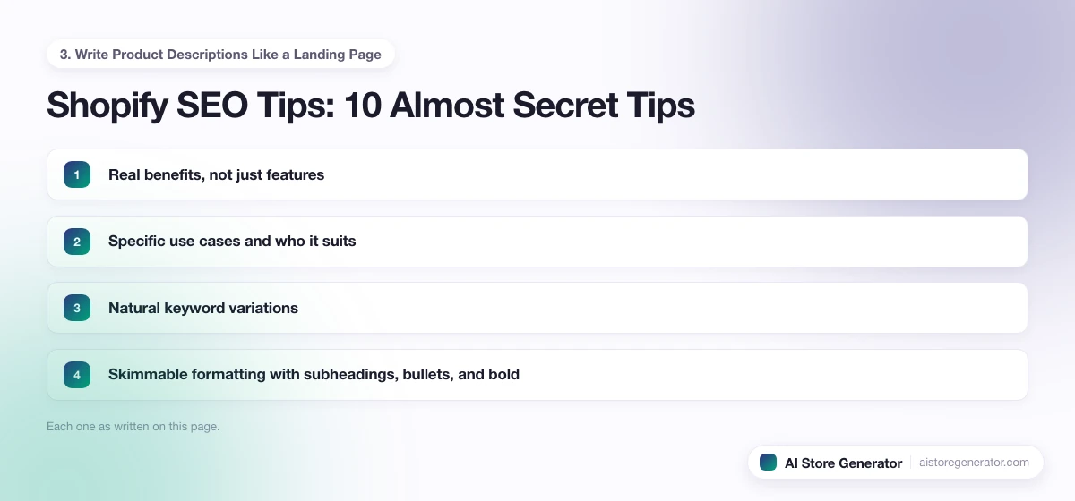 The 4 points this page lists under “3. Write Product Descriptions Like a Landing Page”, numbered in order.