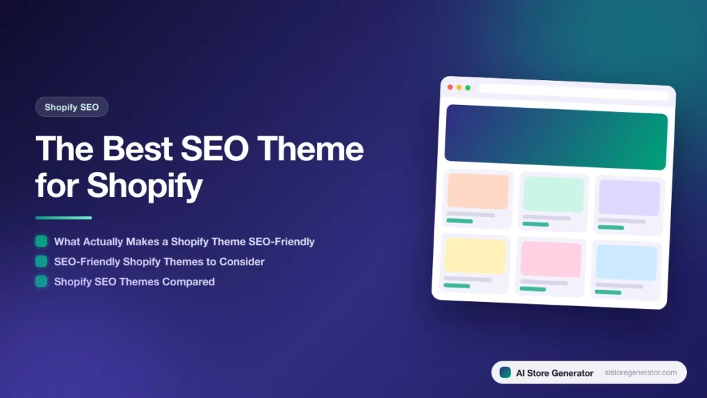 Title card for “The Best SEO Theme for Shopify”, listing What Actually Makes a Shopify Theme SEO-Friendly, SEO-Friendly Shopify Themes to Consider, Shopify SEO Themes Compared, beside a sketch of a store.
